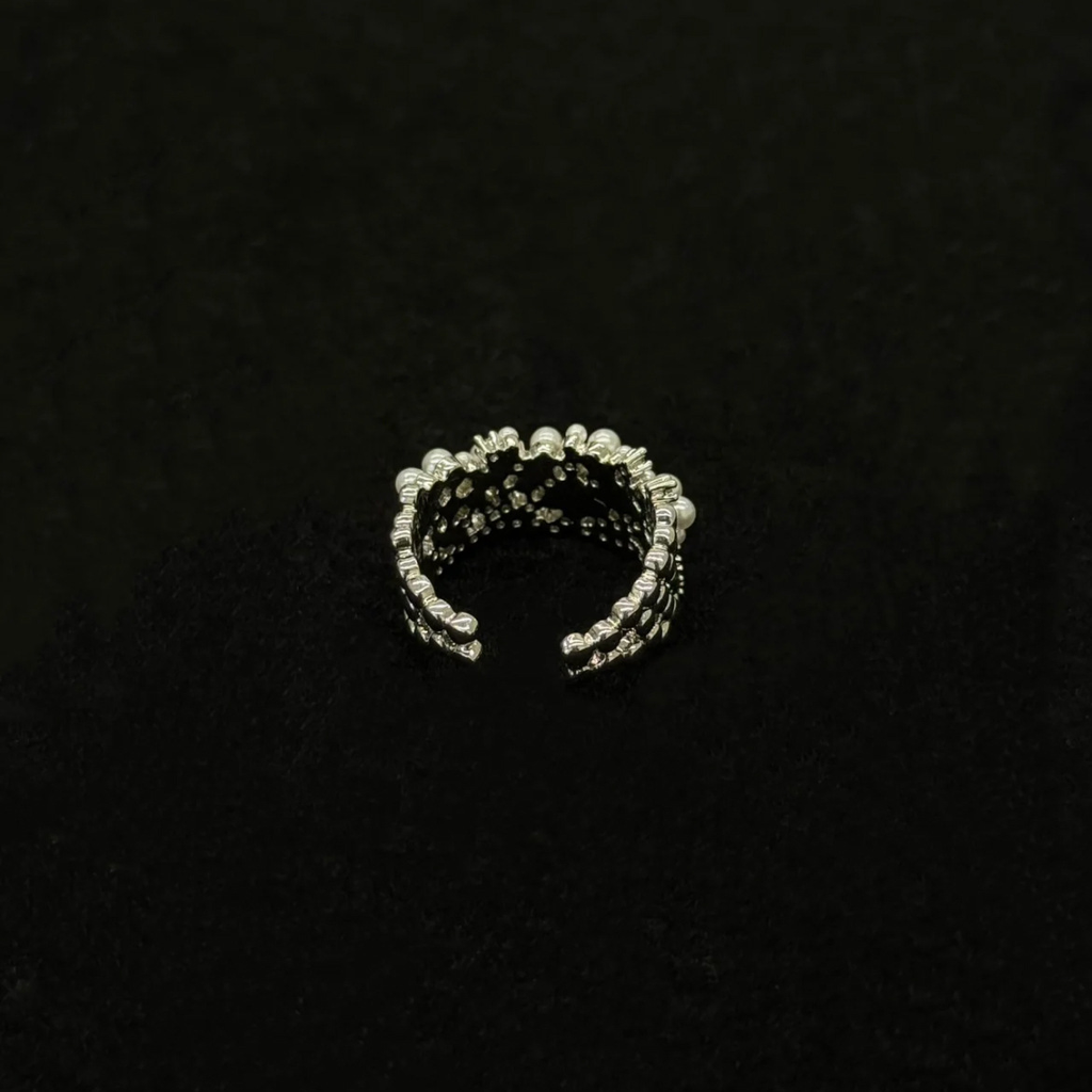 Pearl Cluster Ring – Adjustable Open Band Ring with Zirconia, Silver