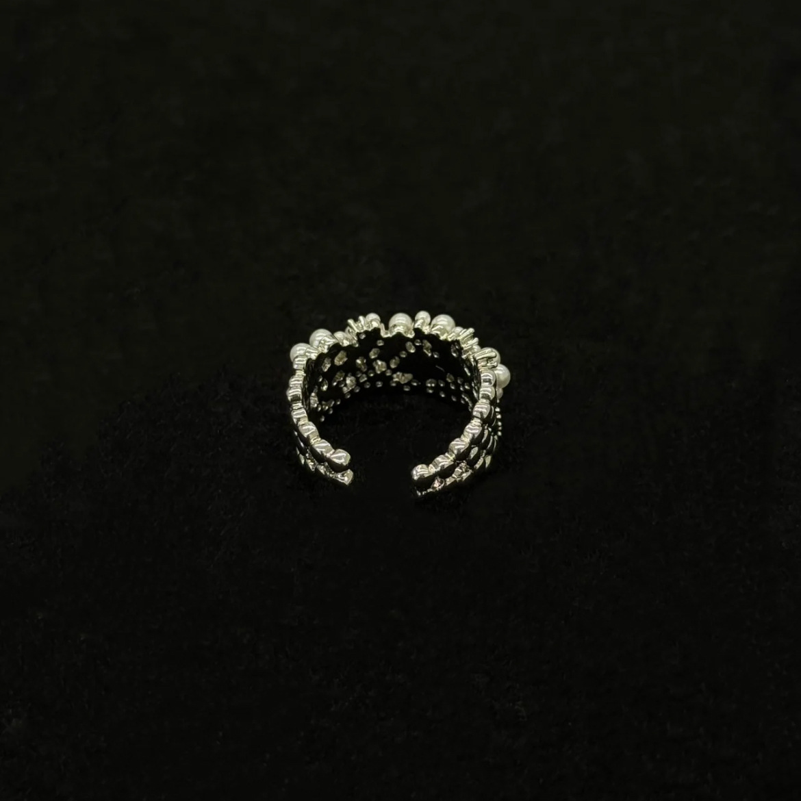 Pearl Cluster Ring – Adjustable Open Band Ring with Zirconia, Silver