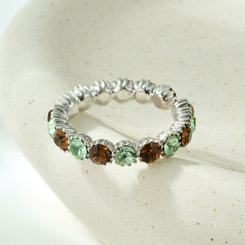 Green Amber Zirconia Open Ring – Colorful Crystal Band Ring, Silver