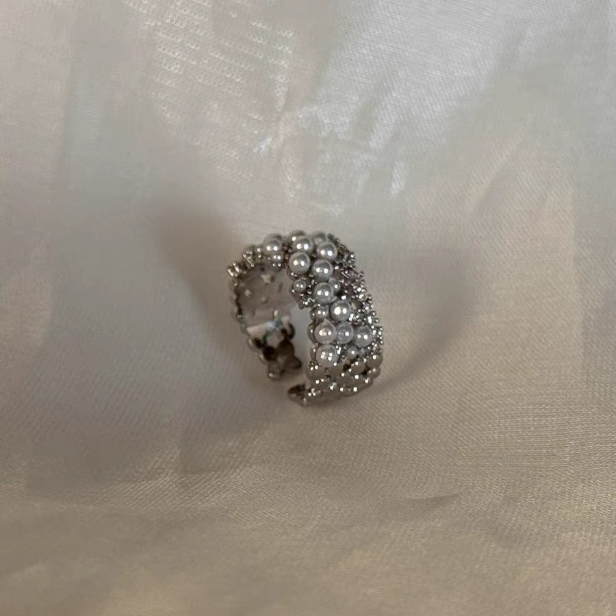 Pearl Cluster Ring – Adjustable Open Band Ring with Zirconia, Silver