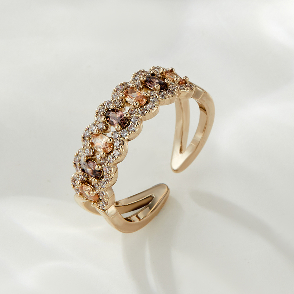 Champagne Zirconia Open Ring – Gradient Crystal Band Ring, Coffee Gold