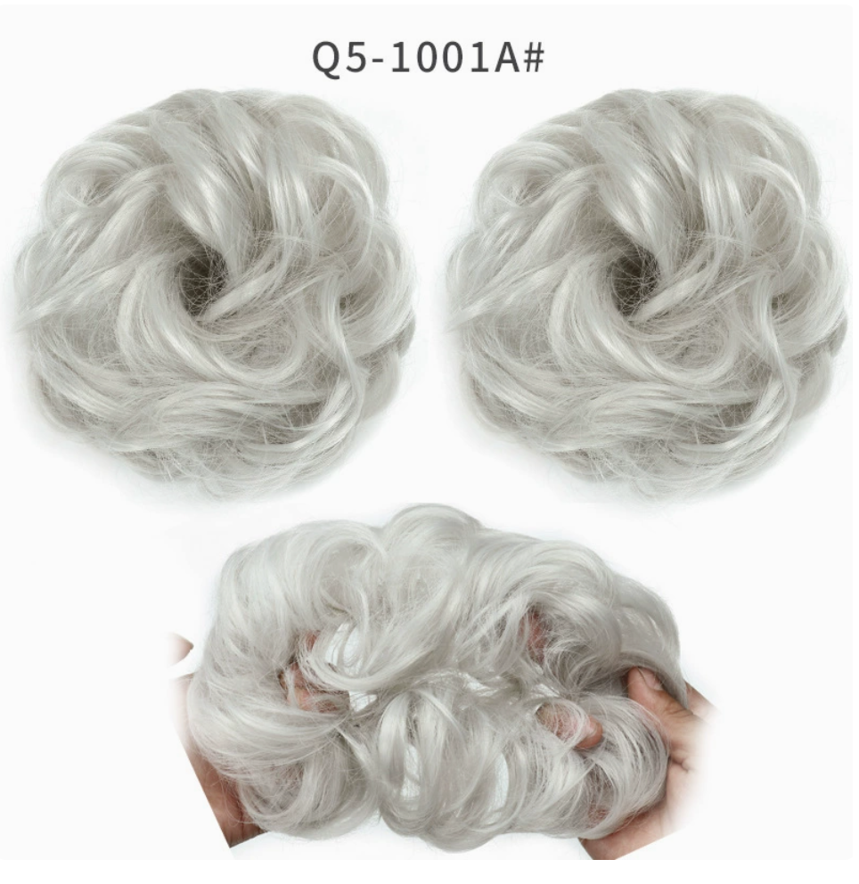 Q5 curly synthetic bun scrunchie, color 1001A; multiple views of one hairpiece. One piece per order.