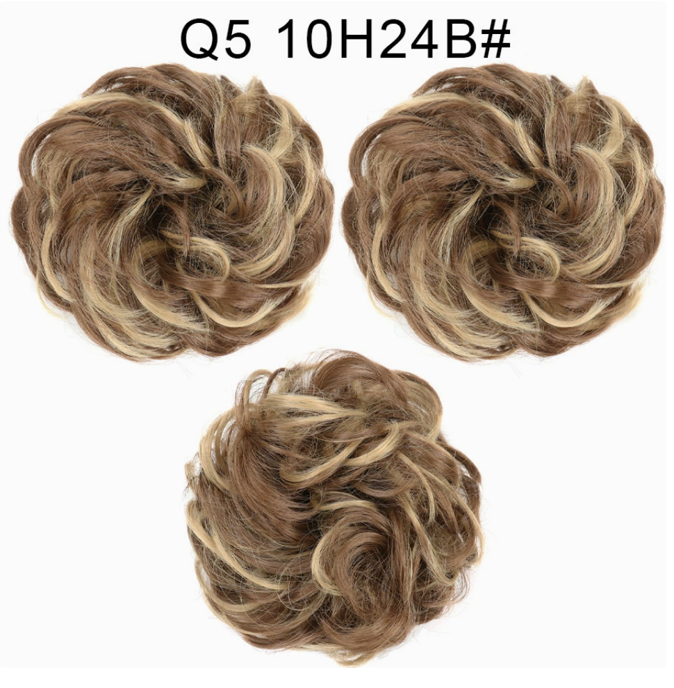 Q5 curly synthetic bun scrunchie, color 10H24B; multiple views of one hairpiece. One piece per order.