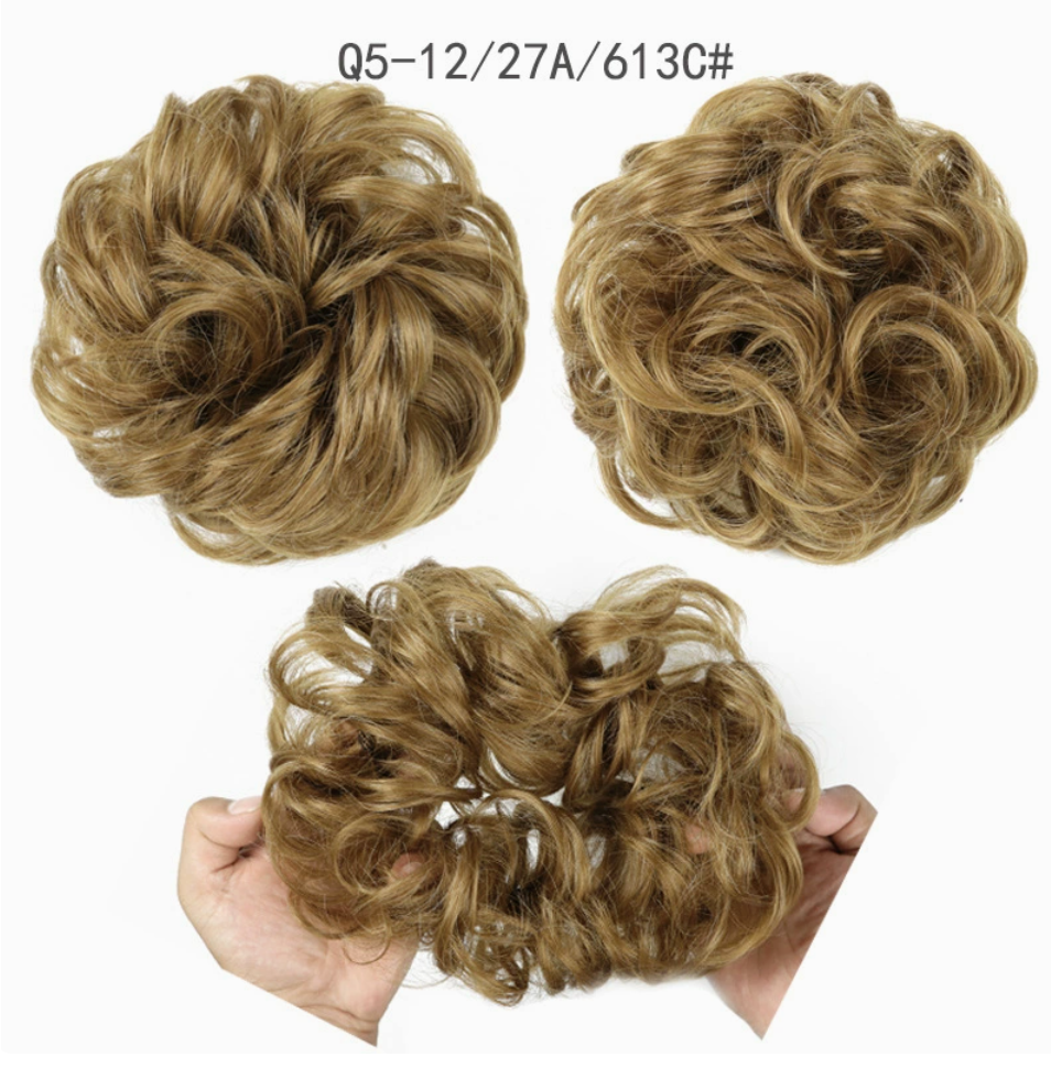 Q5 curly synthetic bun scrunchie, color 12/27A/613; multiple views of one hairpiece. One piece per order.