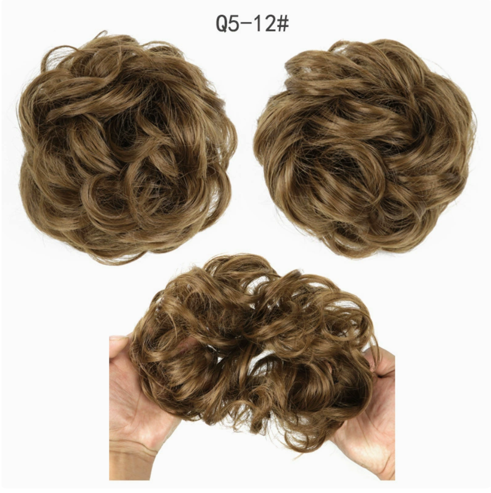 Q5 curly synthetic bun scrunchie, color 12; multiple views of one hairpiece. One piece per order.