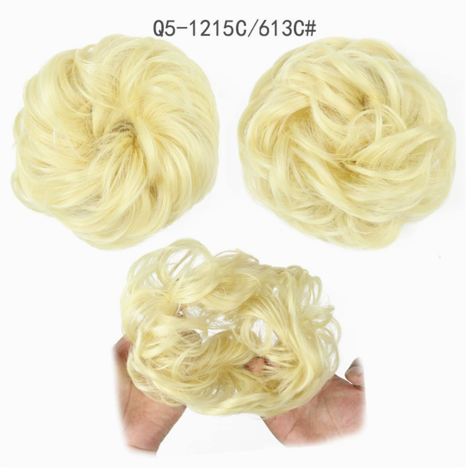 Q5 curly synthetic bun scrunchie, color 1215C/613; multiple views of one hairpiece. One piece per order.
