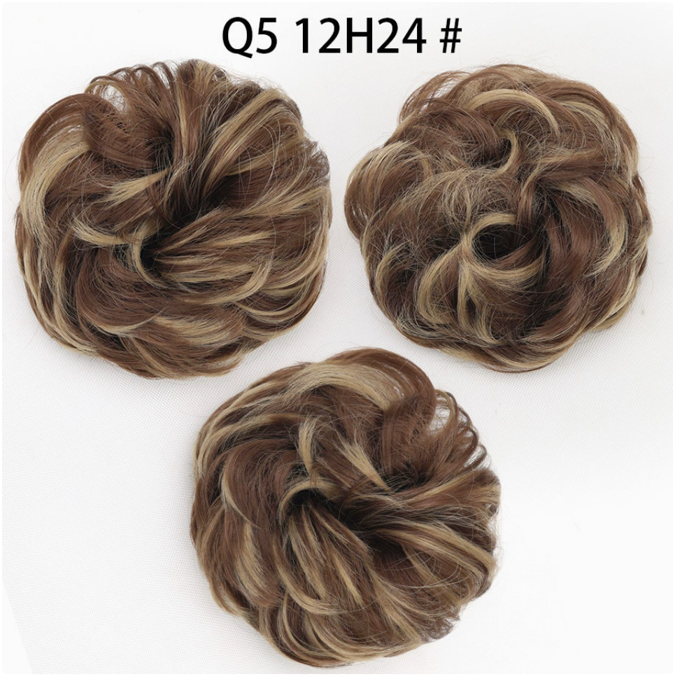 Q5 curly synthetic bun scrunchie, color 12H24; multiple views of one hairpiece. One piece per order.