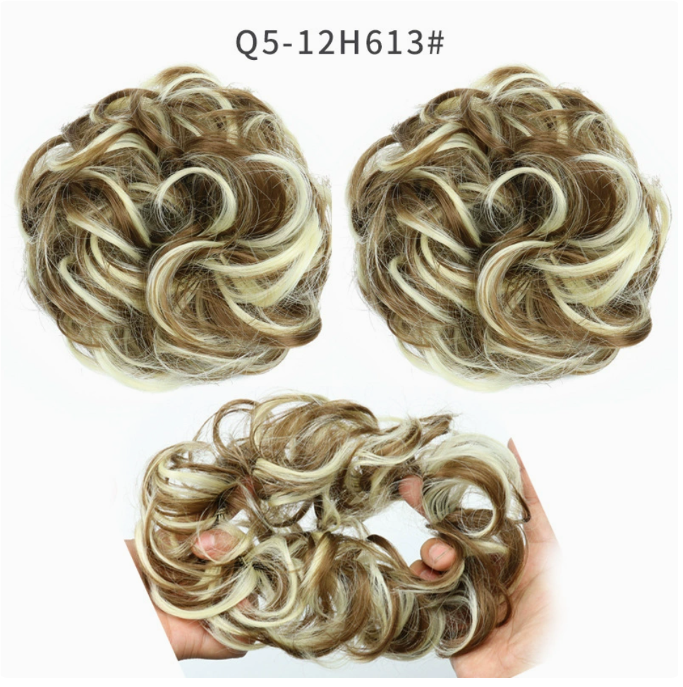 Q5 curly synthetic bun scrunchie, color 12H613; multiple views of one hairpiece. One piece per order.