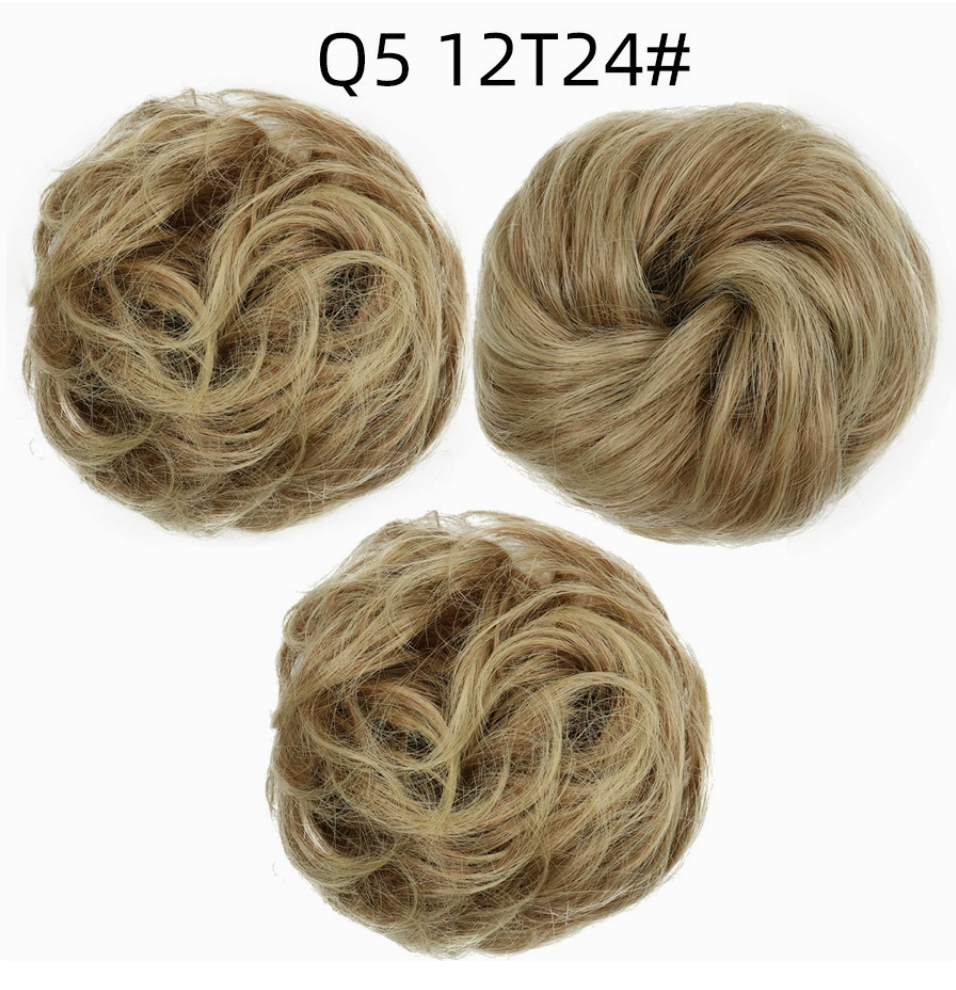 Q5 curly synthetic bun scrunchie, color 12T24; multiple views of one hairpiece. One piece per order.