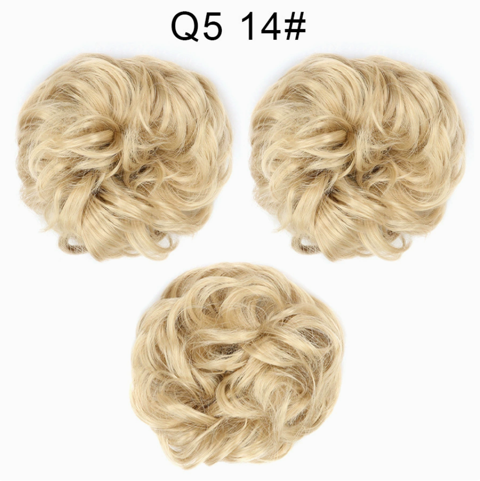 Q5 curly synthetic bun scrunchie, color 14; multiple views of one hairpiece. One piece per order.