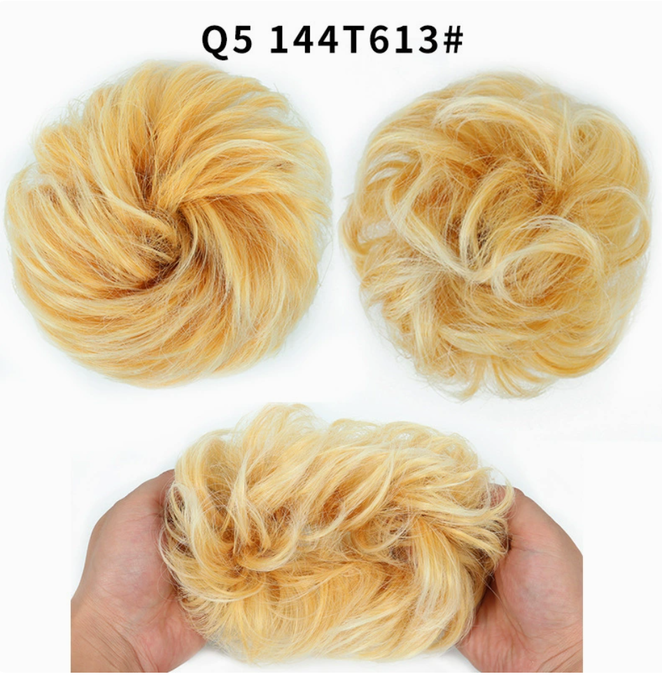 Q5 curly synthetic bun scrunchie, color 144T613; multiple views of one hairpiece. One piece per order.