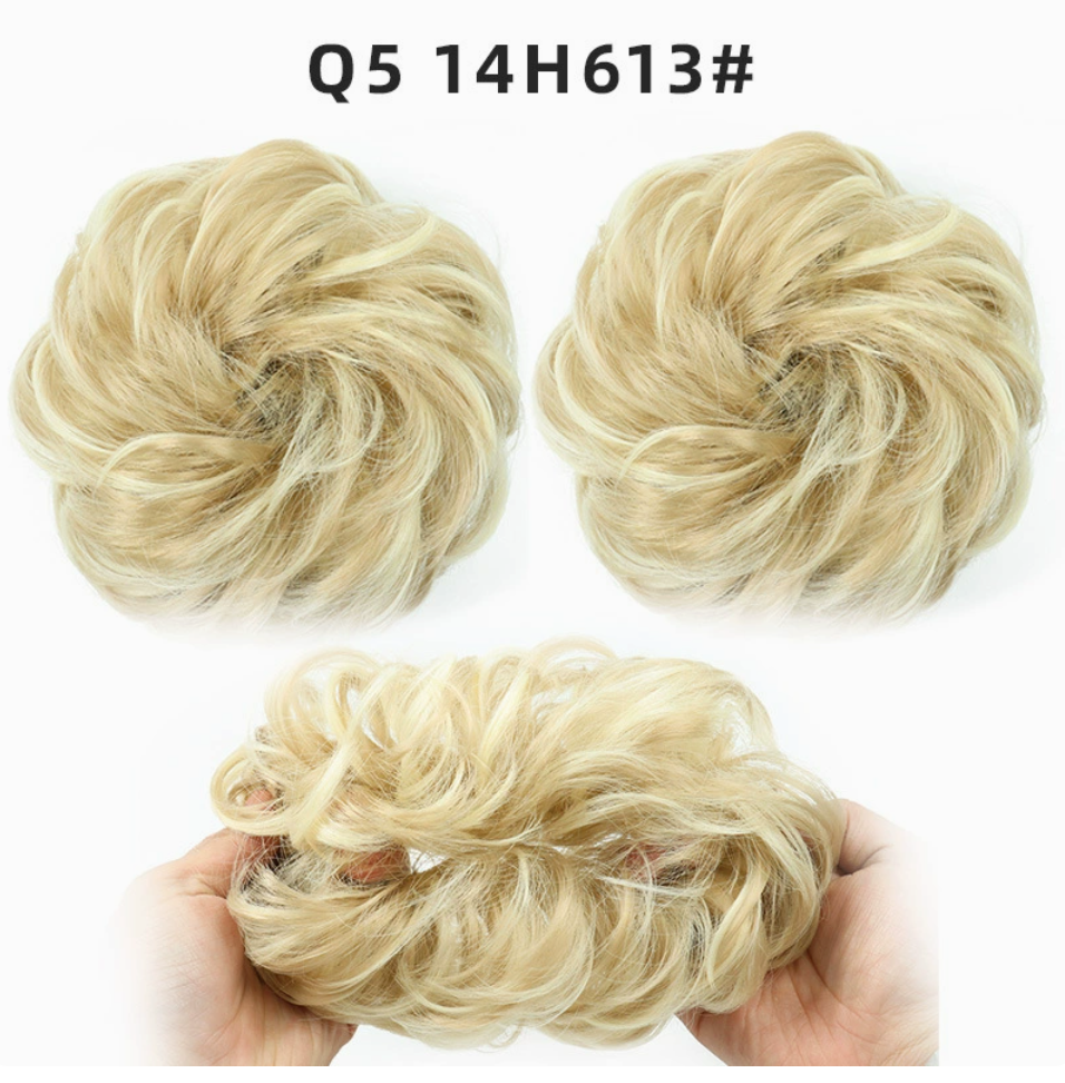 Q5 curly synthetic bun scrunchie, color 14H613; multiple views of one hairpiece. One piece per order.