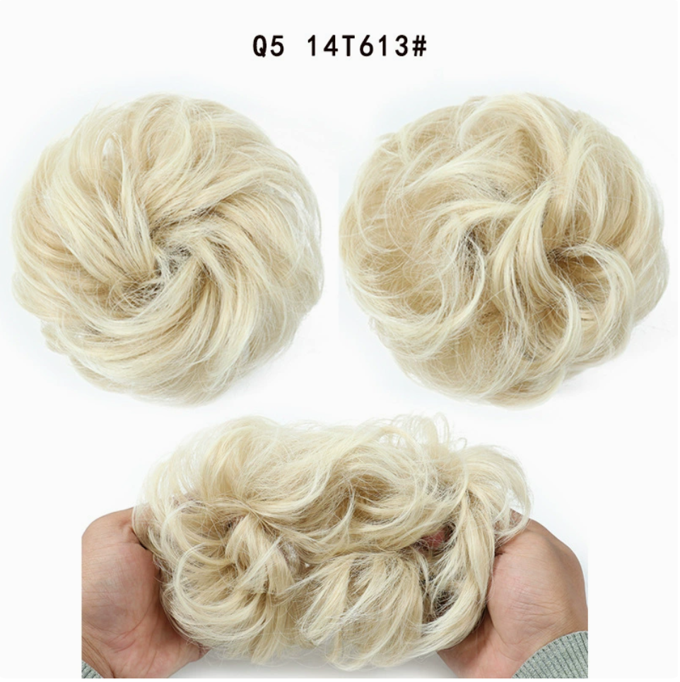 Q5 curly synthetic bun scrunchie, color 14T613; multiple views of one hairpiece. One piece per order.