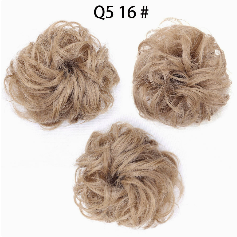 Q5 curly synthetic bun scrunchie, color 16; multiple views of one hairpiece. One piece per order.