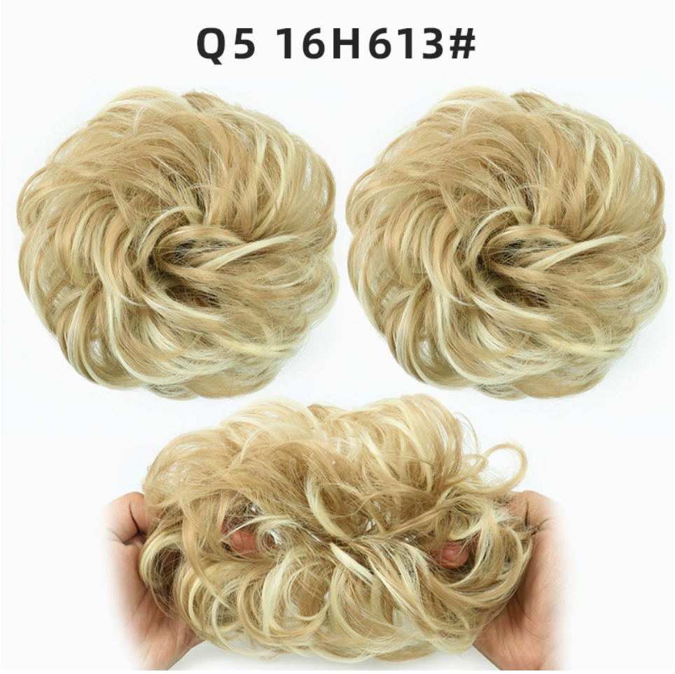 Q5 curly synthetic bun scrunchie, color 16H613; multiple views of one hairpiece. One piece per order.