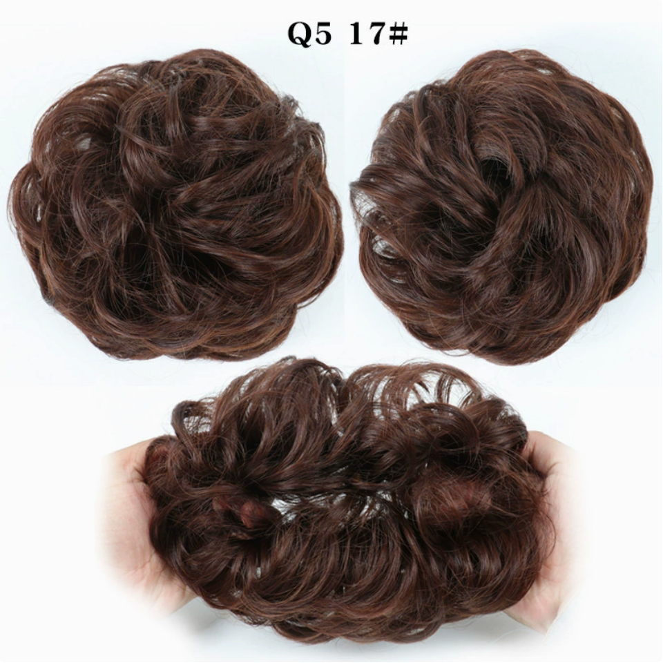 Q5 curly synthetic bun scrunchie, color 17; multiple views of one hairpiece. One piece per order.