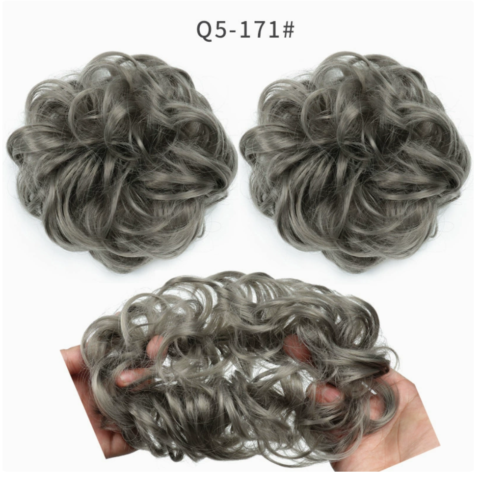Q5 curly synthetic bun scrunchie, color 171; multiple views of one hairpiece. One piece per order.