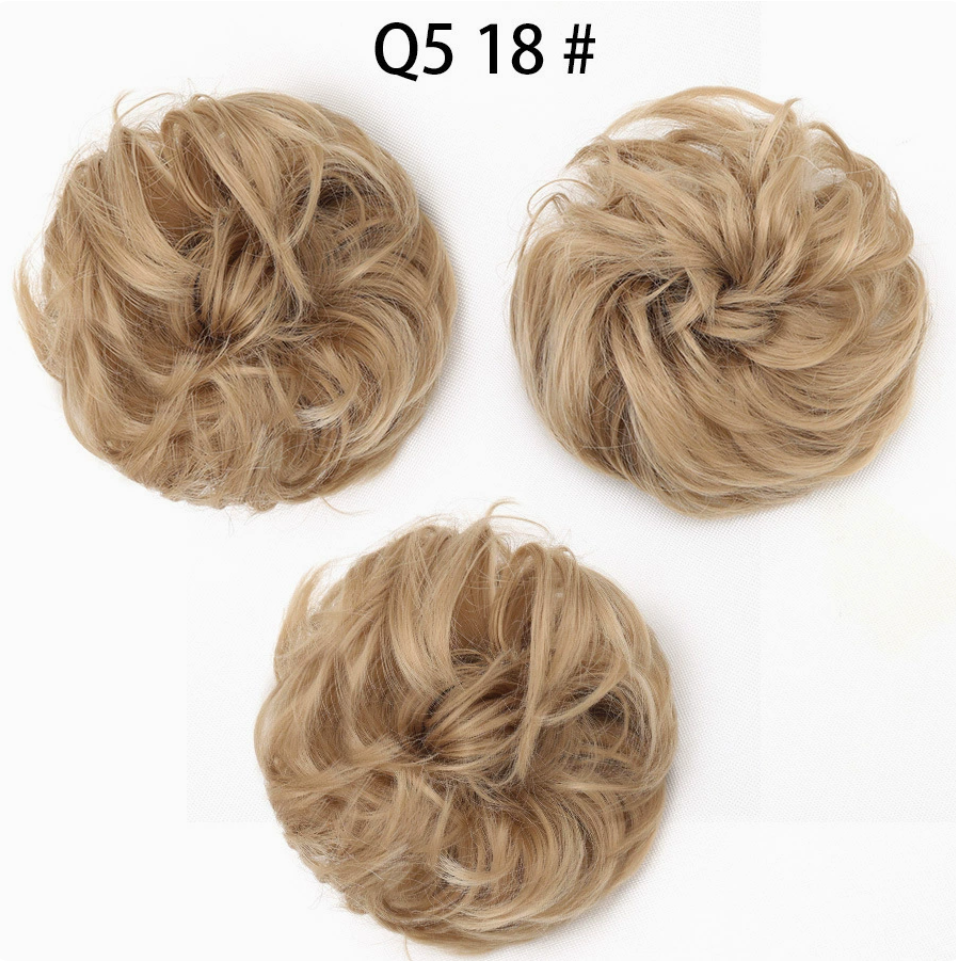 Q5 curly synthetic bun scrunchie, color 18; multiple views of one hairpiece. One piece per order.