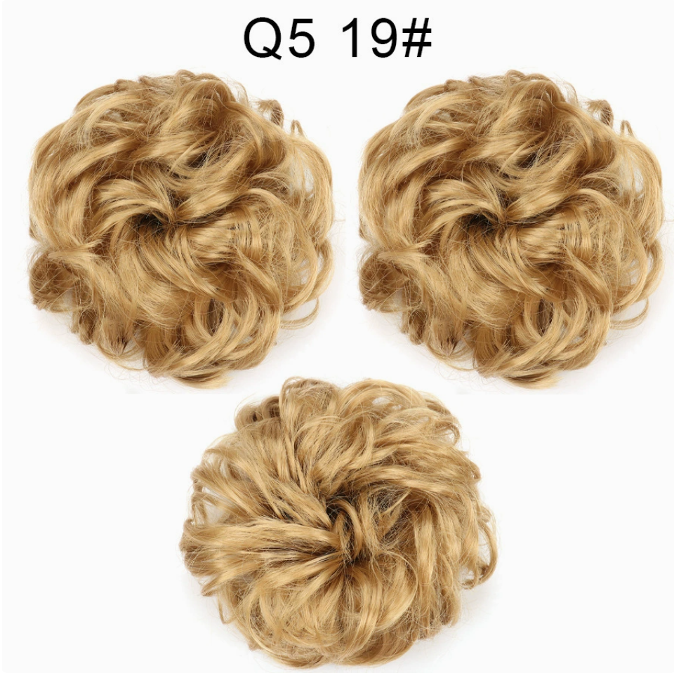 Q5 curly synthetic bun scrunchie, color 19; multiple views of one hairpiece. One piece per order.