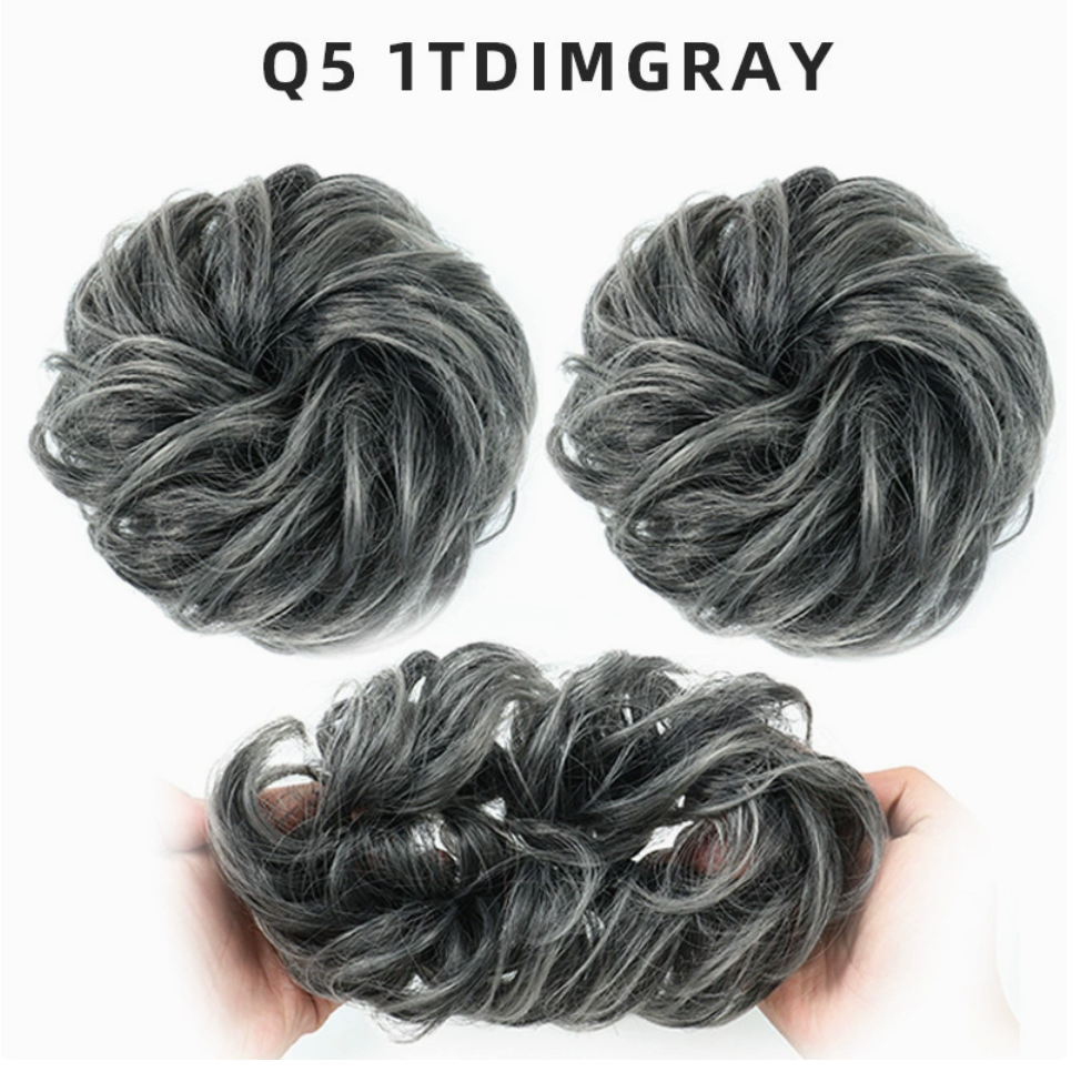 Q5 curly synthetic bun scrunchie, color 1BTDimgray; multiple views of one hairpiece. One piece per order.