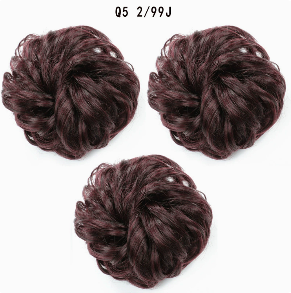 Q5 curly synthetic bun scrunchie, color 2/99J; multiple views of one hairpiece. One piece per order.
