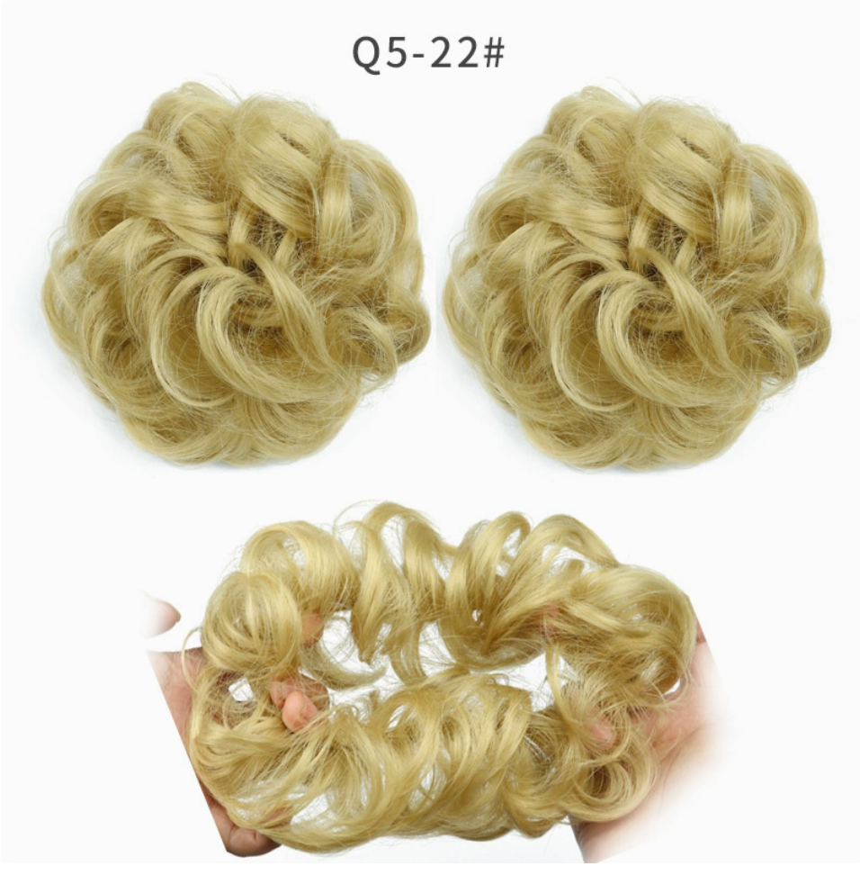 Q5 curly synthetic bun scrunchie, color 22; multiple views of one hairpiece. One piece per order.