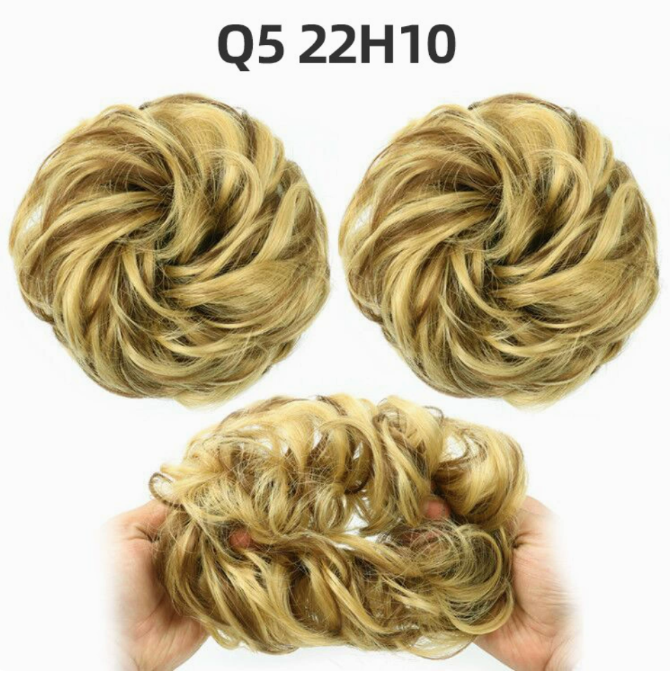 Q5 curly synthetic bun scrunchie, color 22H10; multiple views of one hairpiece. One piece per order.