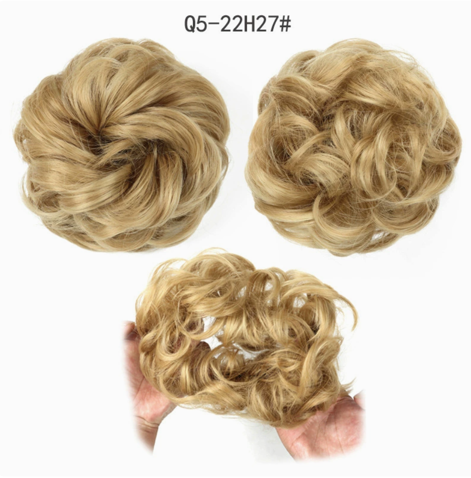 Q5 curly synthetic bun scrunchie, color 22H27; multiple views of one hairpiece. One piece per order.