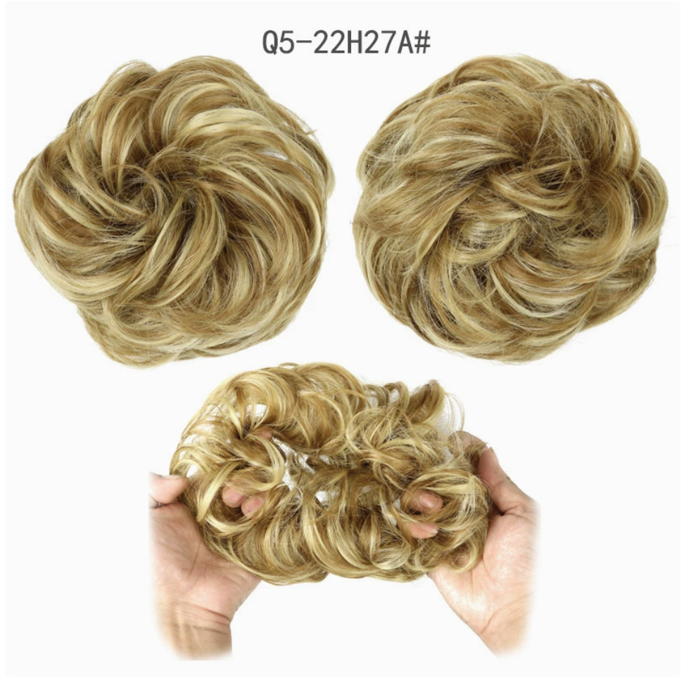 Q5 curly synthetic bun scrunchie, color 22H27A; multiple views of one hairpiece. One piece per order.