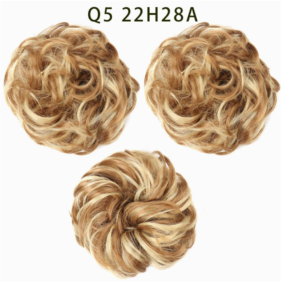 Q5 curly synthetic bun scrunchie, color 22H28A; multiple views of one hairpiece. One piece per order.