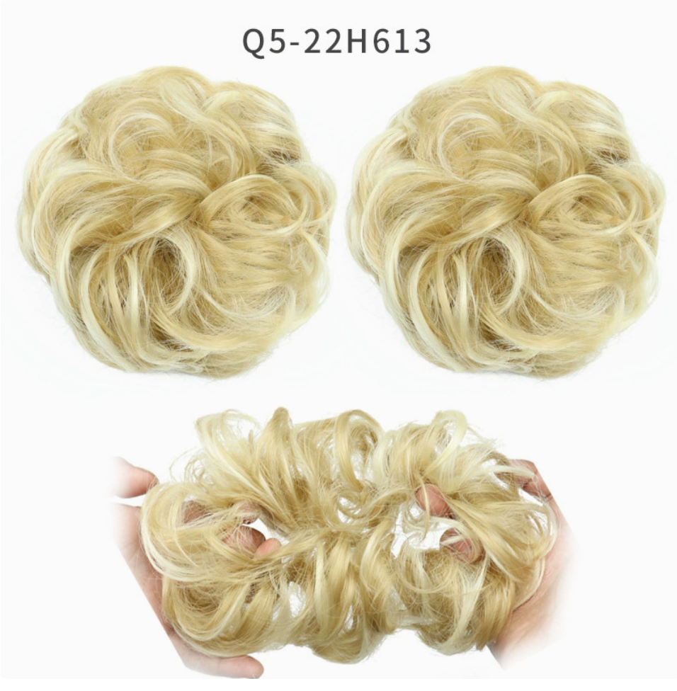 Q5 curly synthetic bun scrunchie, color 22H613; multiple views of one hairpiece. One piece per order.