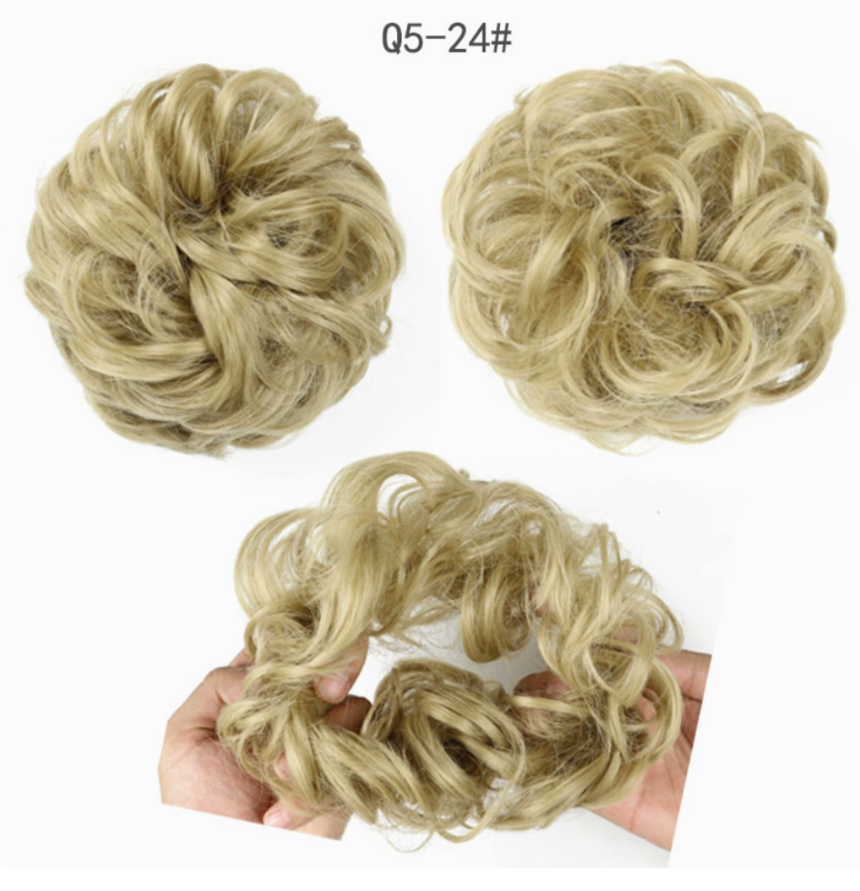 Q5 curly synthetic bun scrunchie, color 24; multiple views of one hairpiece. One piece per order.