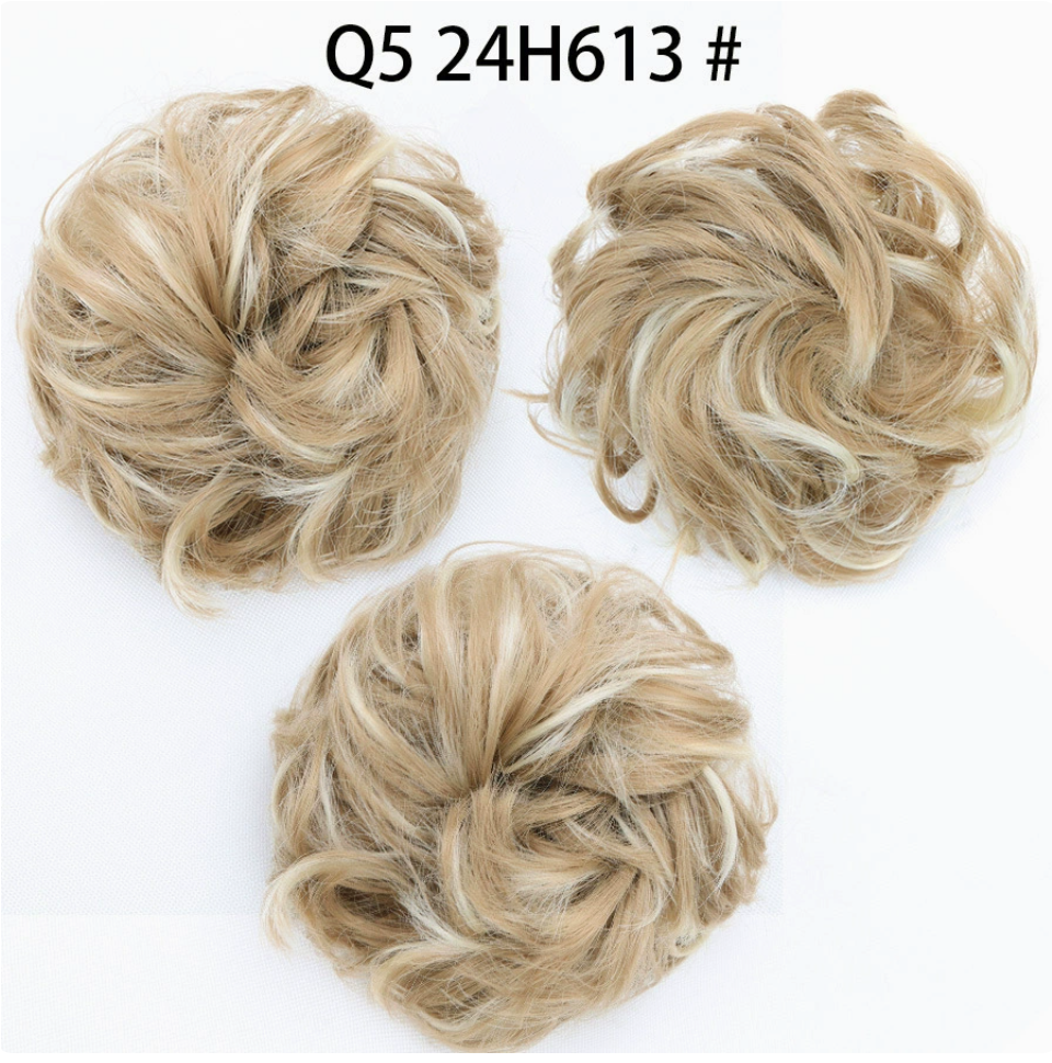 Q5 curly synthetic bun scrunchie, color 24H613; multiple views of one hairpiece. One piece per order.