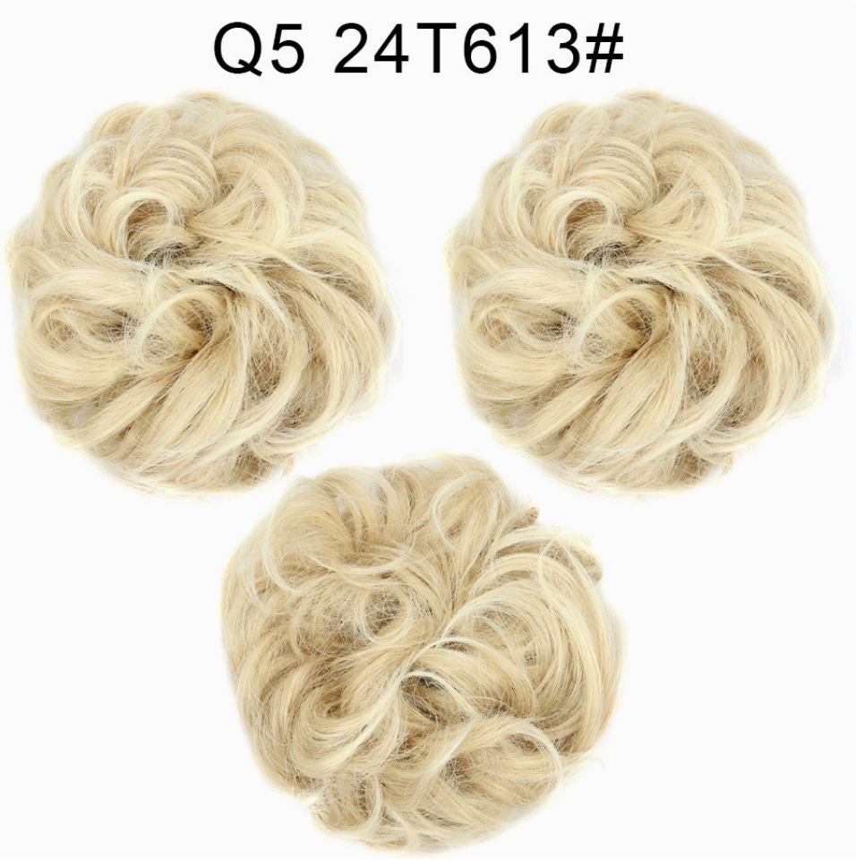 Q5 curly synthetic bun scrunchie, color 24T613; multiple views of one hairpiece. One piece per order.