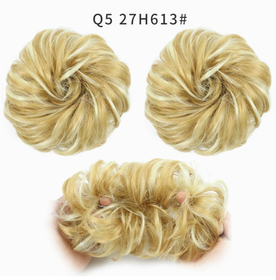 Q5 curly synthetic bun scrunchie, color 27H613; multiple views of one hairpiece. One piece per order.