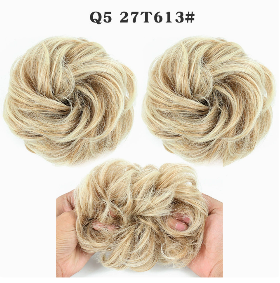 Q5 curly synthetic bun scrunchie, color 27T613; multiple views of one hairpiece. One piece per order.