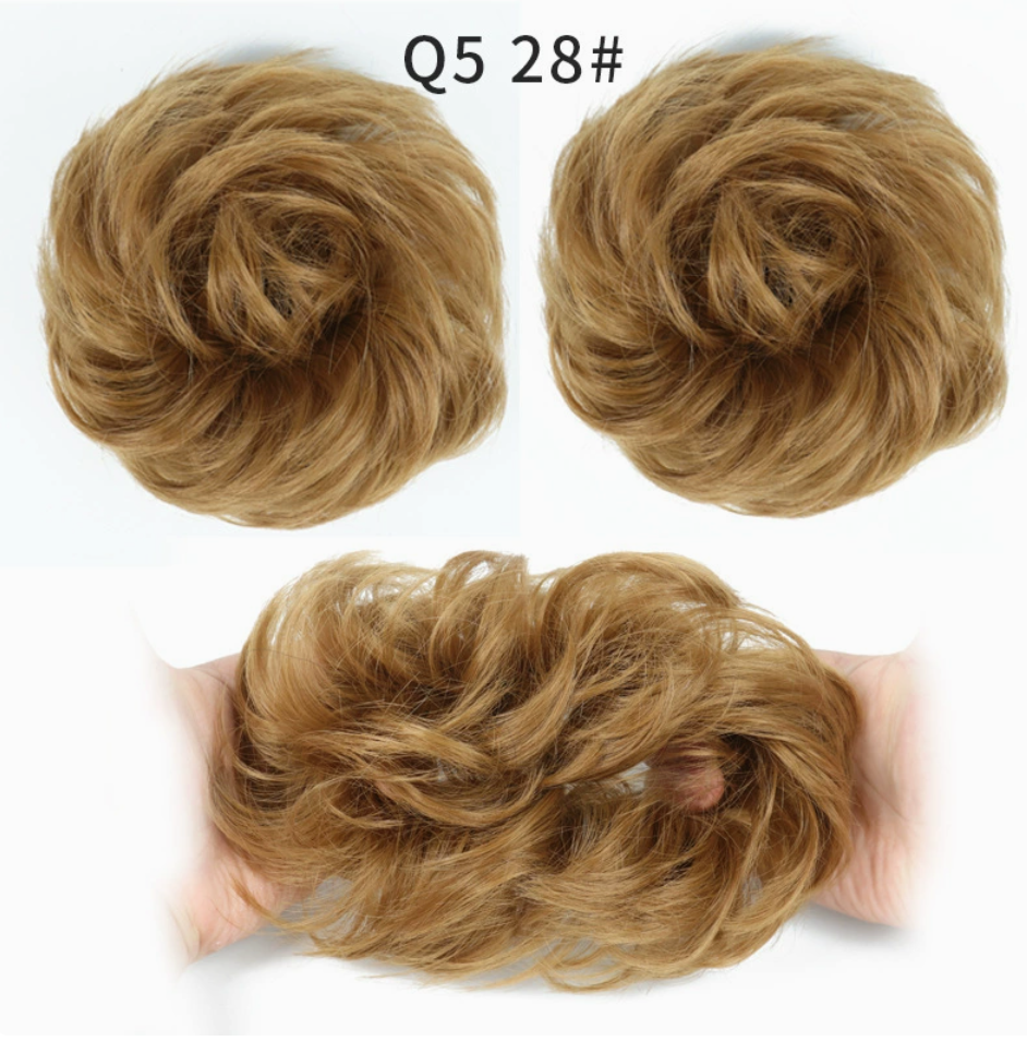 Q5 curly synthetic bun scrunchie, color 28; multiple views of one hairpiece. One piece per order.