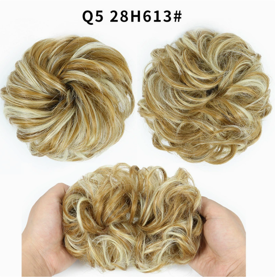 Q5 curly synthetic bun scrunchie, color 28H613; multiple views of one hairpiece. One piece per order.