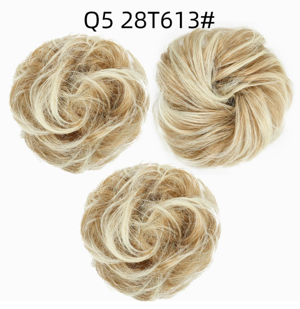 Q5 curly synthetic bun scrunchie, color 28T613; multiple views of one hairpiece. One piece per order.