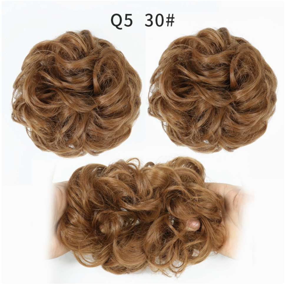 Q5 curly synthetic bun scrunchie, color 30; multiple views of one hairpiece. One piece per order.