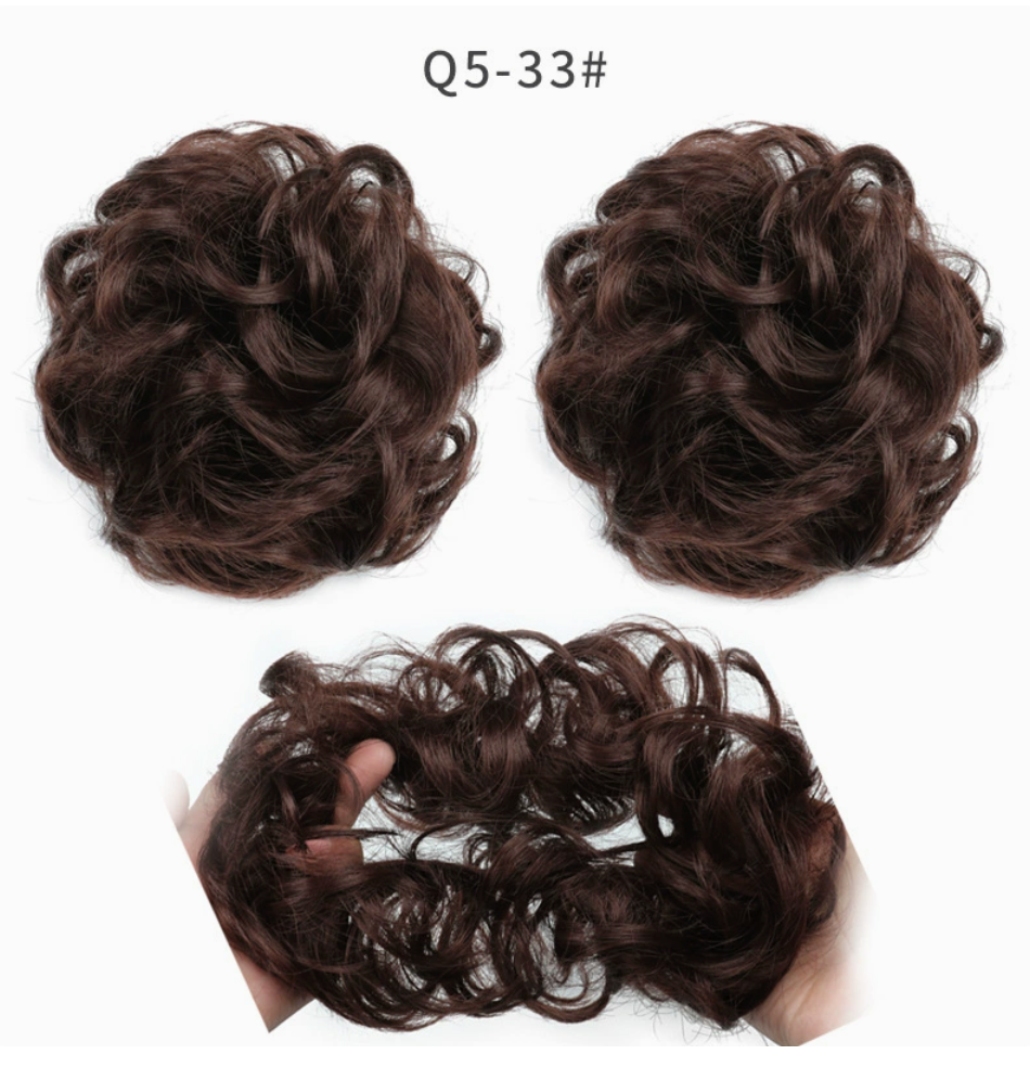 Q5 curly synthetic bun scrunchie, color 33; multiple views of one hairpiece. One piece per order.