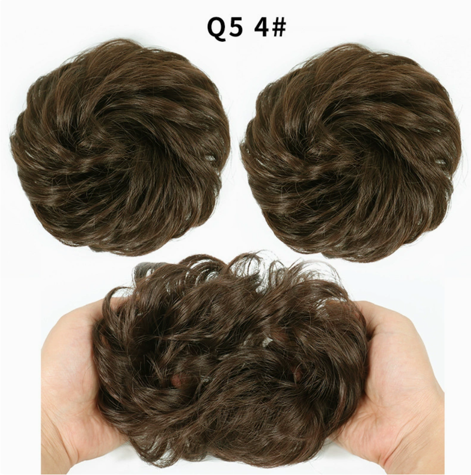 Q5 curly synthetic bun scrunchie, color 4; multiple views of one hairpiece. One piece per order.