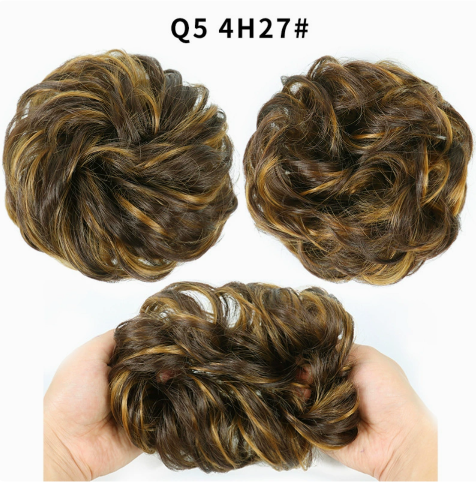 Q5 curly synthetic bun scrunchie, color 4H27; multiple views of one hairpiece. One piece per order.