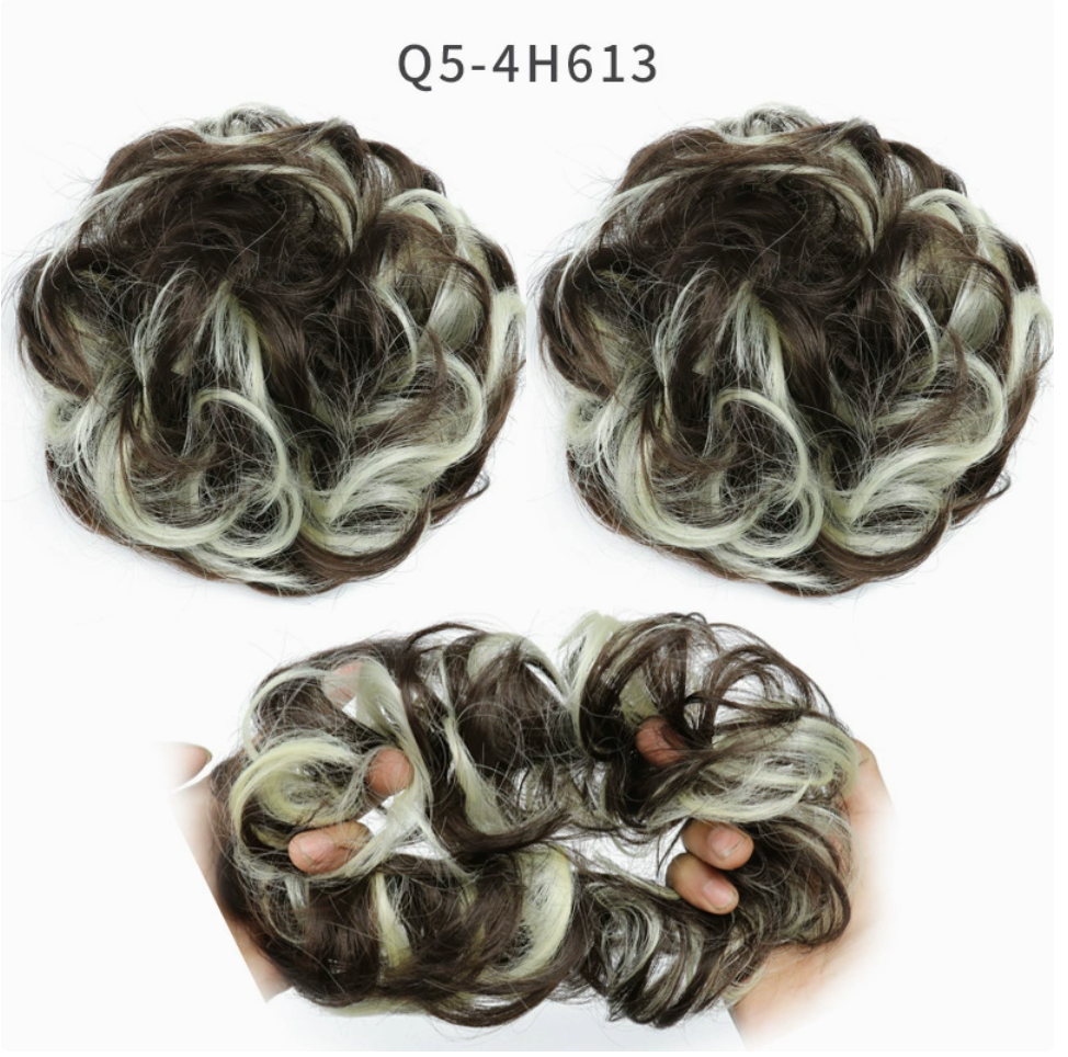 Q5 curly synthetic bun scrunchie, color 4H613; multiple views of one hairpiece. One piece per order.