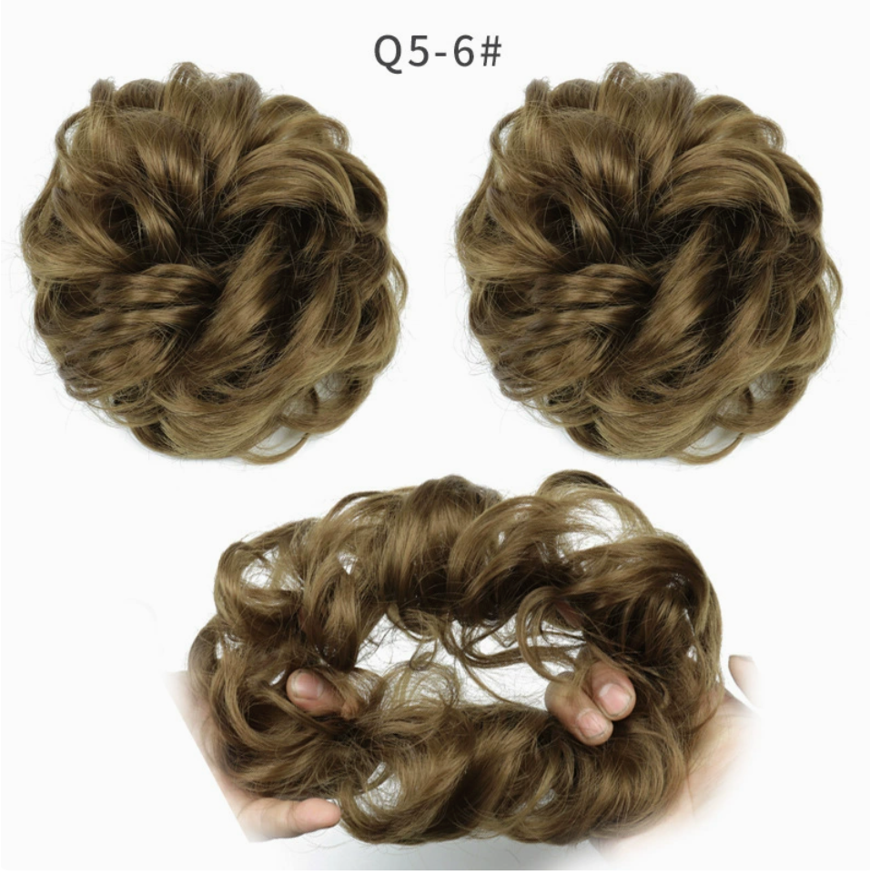 Q5 curly synthetic bun scrunchie, color 6; multiple views of one hairpiece. One piece per order.