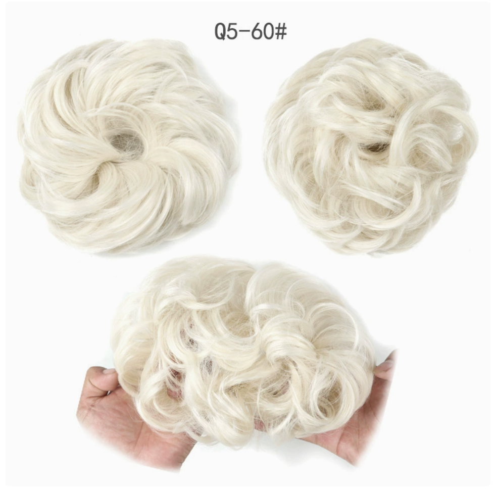 Q5 curly synthetic bun scrunchie, color 60; multiple views of one hairpiece. One piece per order.