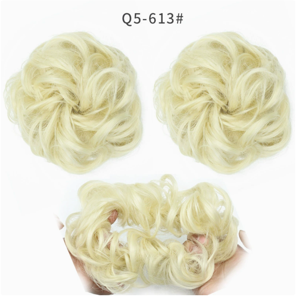 Q5 curly synthetic bun scrunchie, color 613; multiple views of one hairpiece. One piece per order.