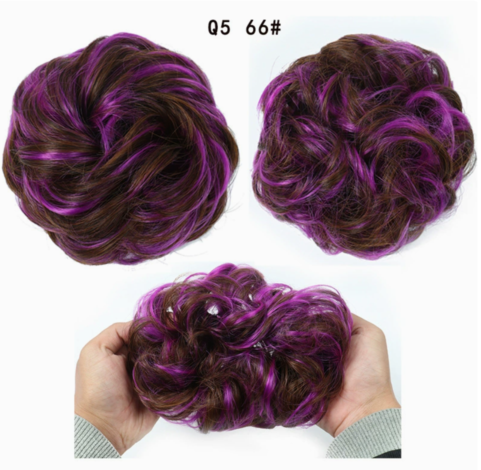Q5 curly synthetic bun scrunchie, color 66; multiple views of one hairpiece. One piece per order.