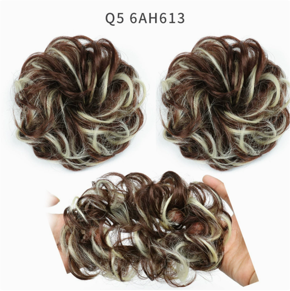 Q5 curly synthetic bun scrunchie, color 6AH613; multiple views of one hairpiece. One piece per order.
