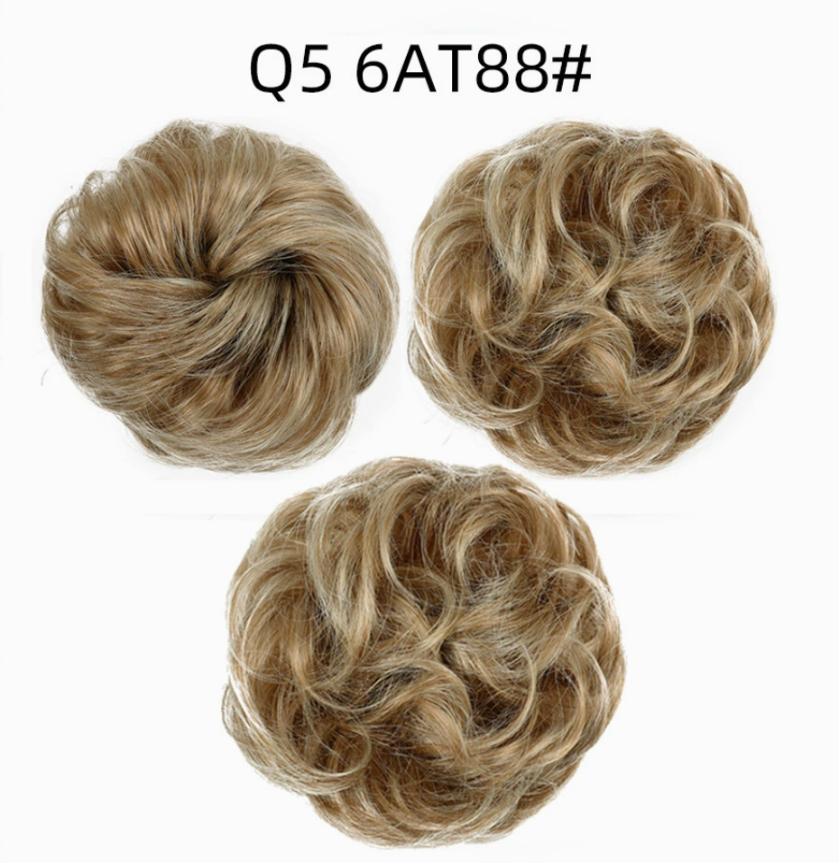 Q5 curly synthetic bun scrunchie, color 6AT88; multiple views of one hairpiece. One piece per order.